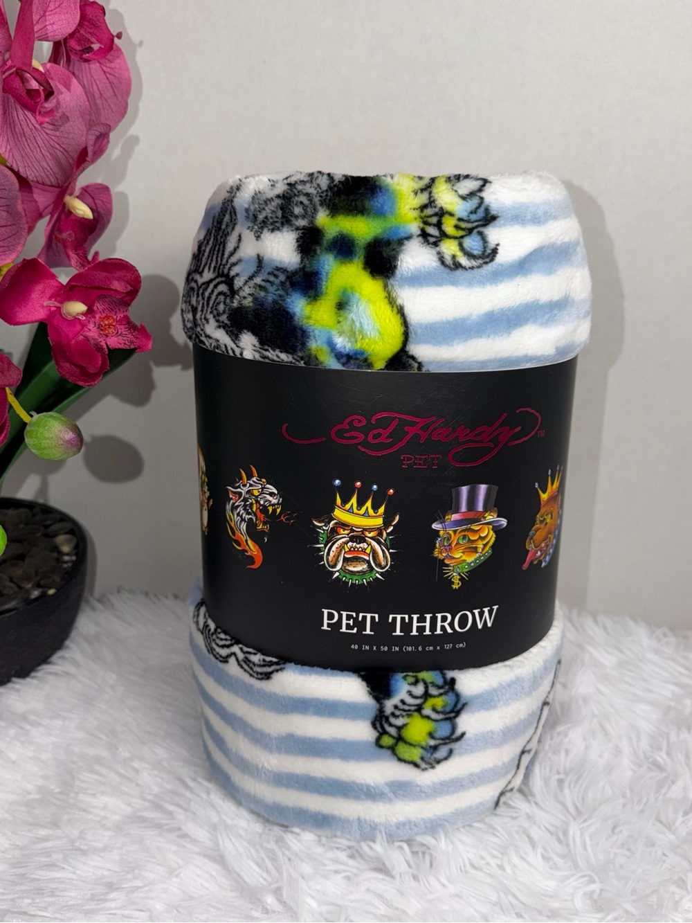 Ed Hardy Blue, White & Neon Yellow Striped Pet Throw